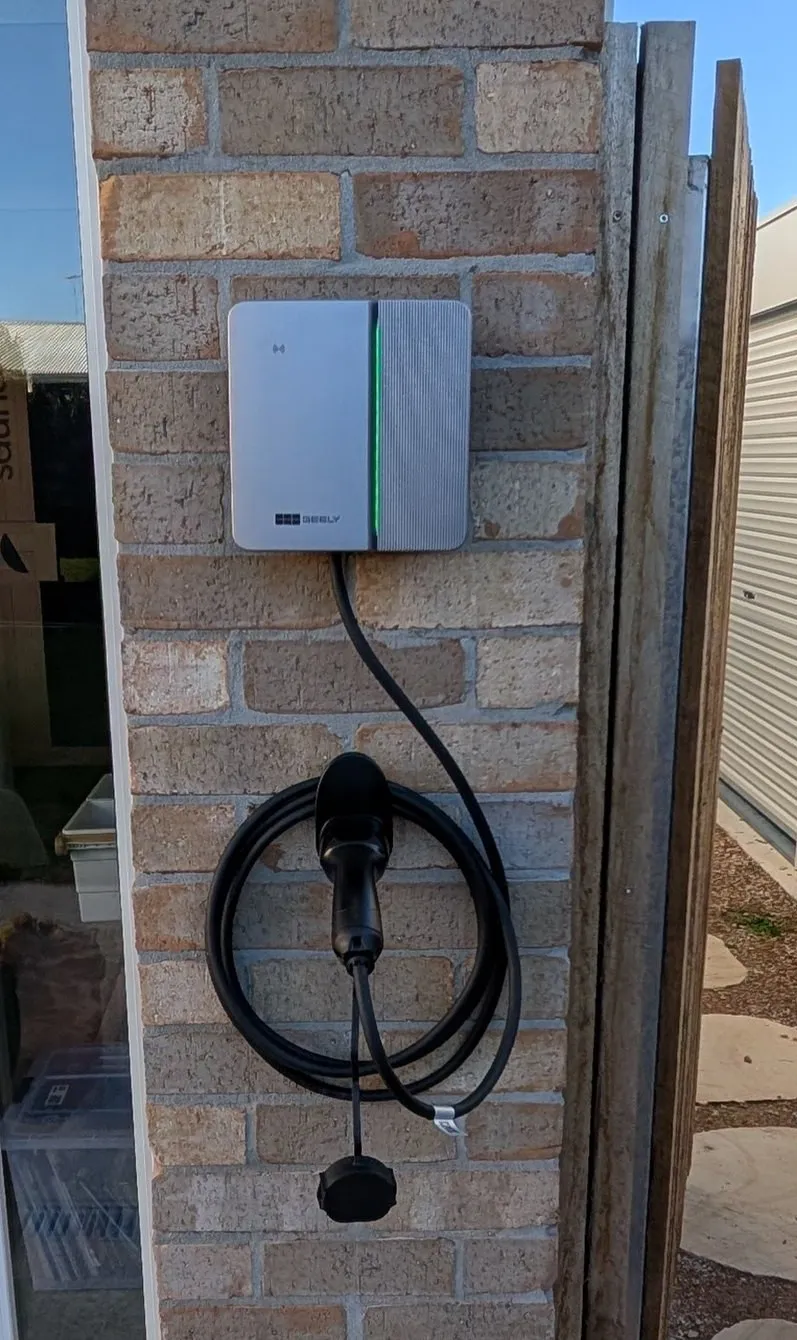 Type 2 home EV charger installed on a brick wall at a Belmont home by LJ Electrical Group
